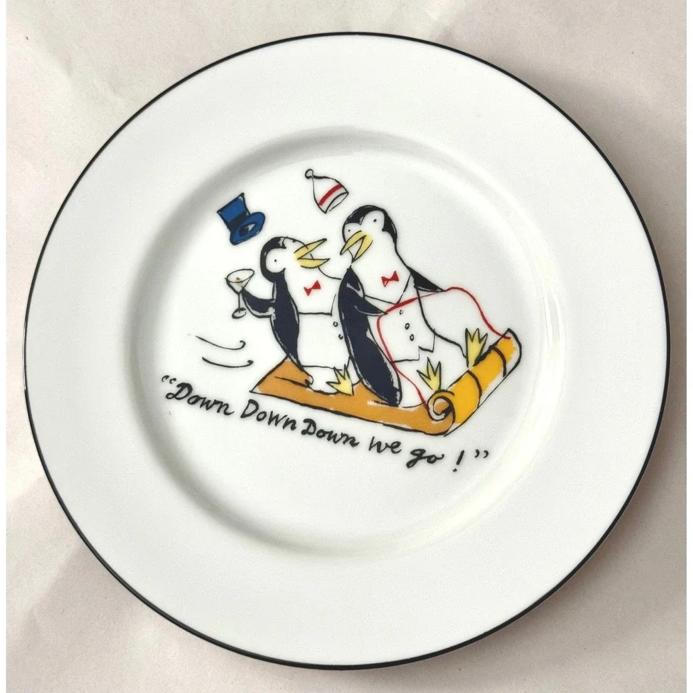 Vintage Pottery Barn Tipsy Penguins Plates Set of 7 Cocktail Dessert Japan